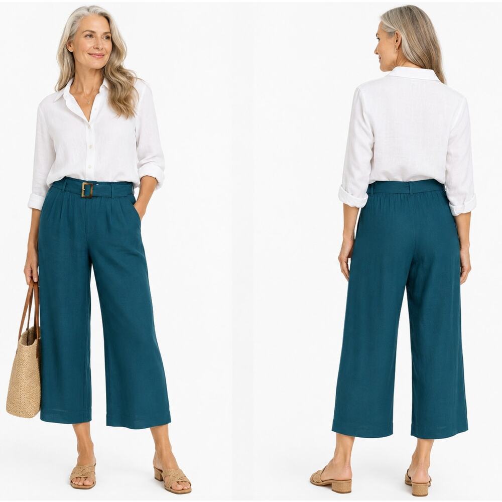 J. Jill Linen Stretch Wide Leg Crop Pants Belted Teal High Rise Coastal Grandma